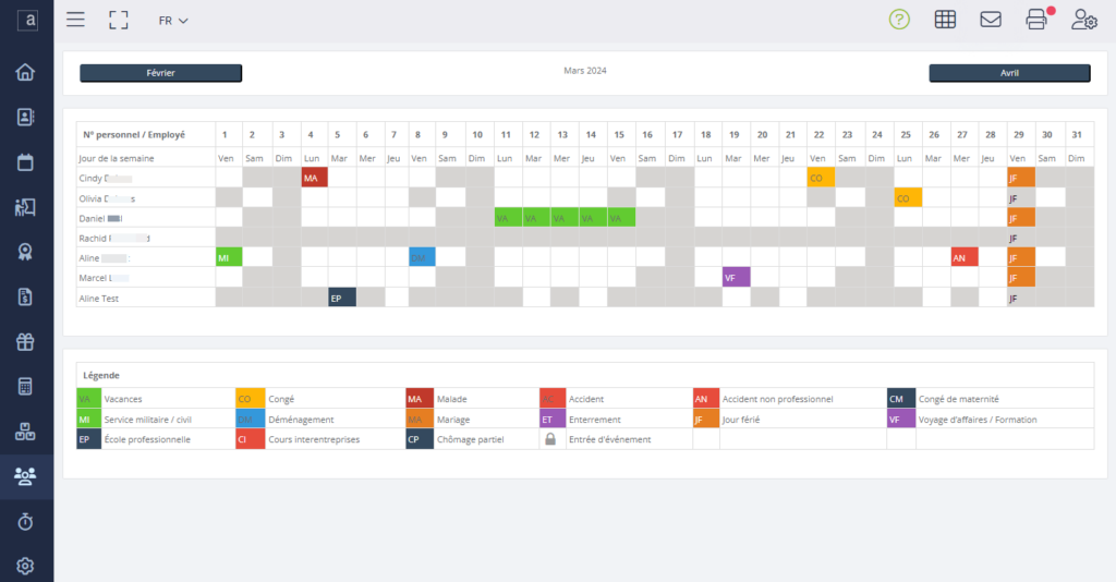 Calendrier des absences